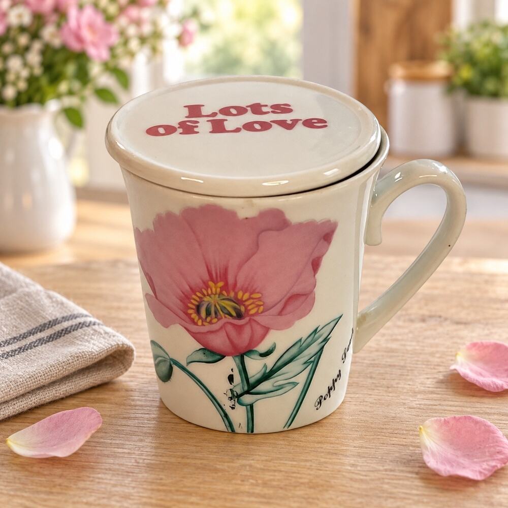 Horchow Collection Poppy Seed Mug With Lid Vintage Japan Lots of Love